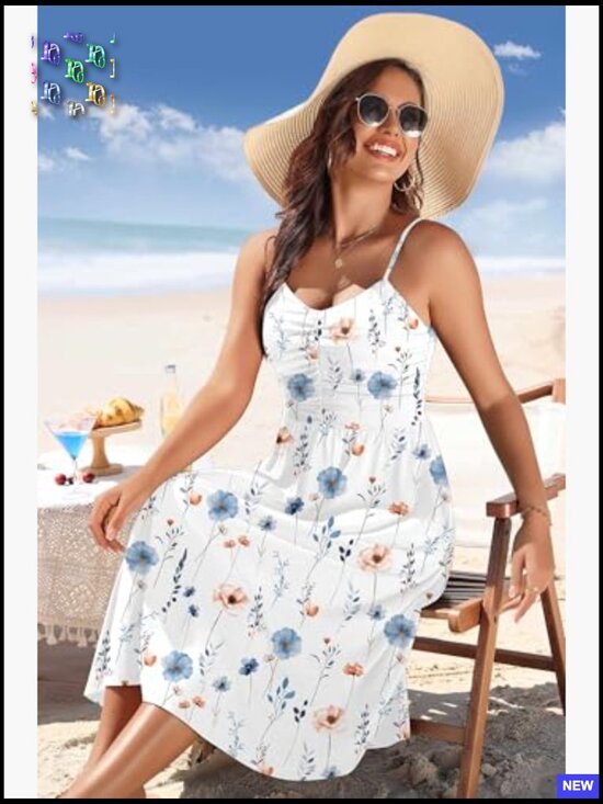 Floral Ruched V-Neck Midi Sundress Adjustable Straps Pockets Summer Casual - Picture 4 of 7